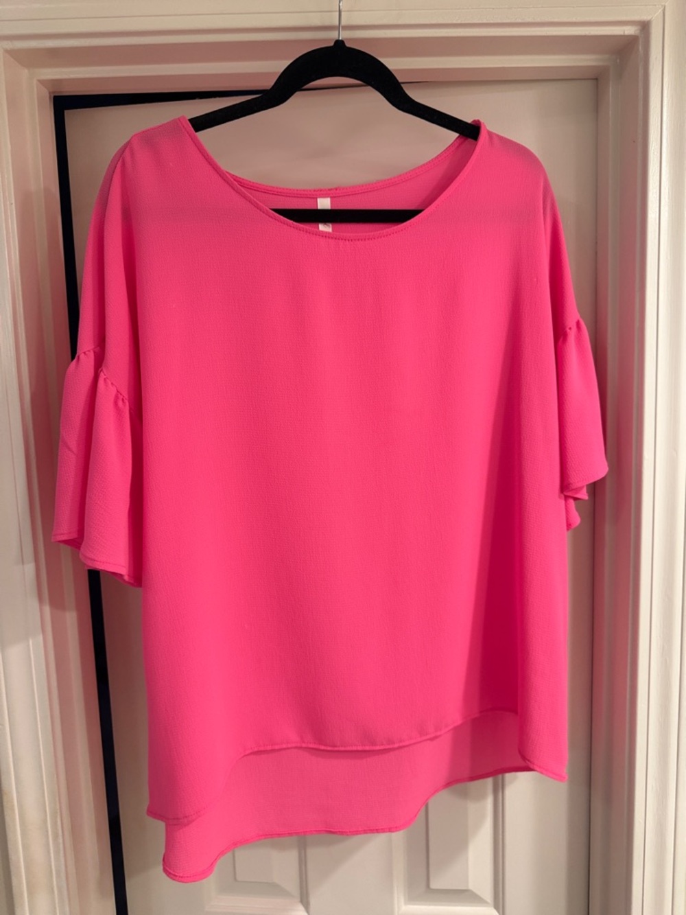 Flowy Bright Pink Ruffle-Sleeve Women's Blouse